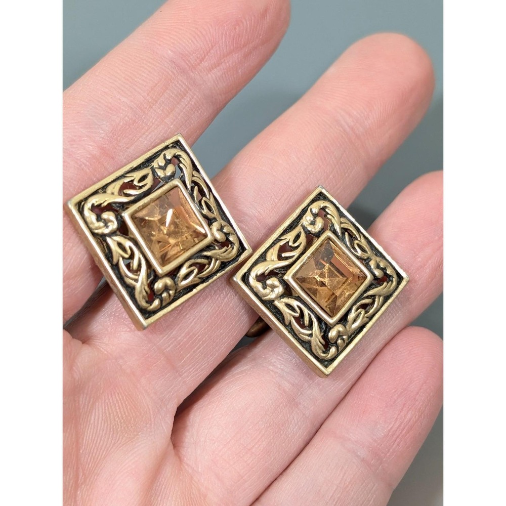 Vintage Swank Faux Topaz Stone Square Vine‎ Scroll Gold Tone Cufflinks - Picture 8 of 9